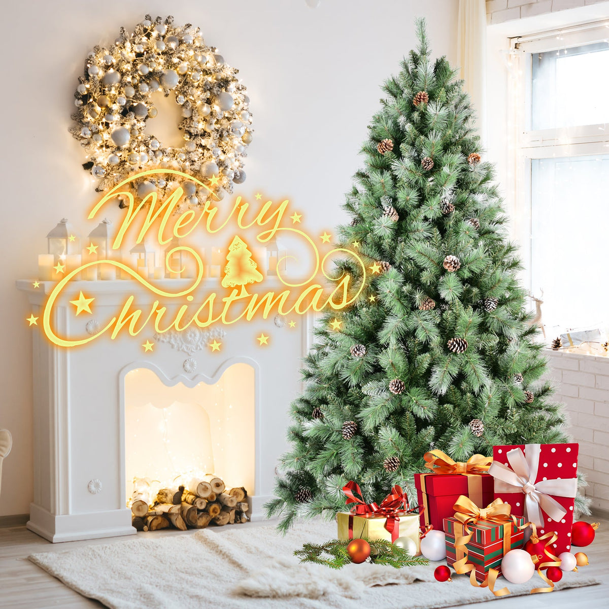 6FT Christmas Tree with 66 Pine Cones and Realistic Branches - Green