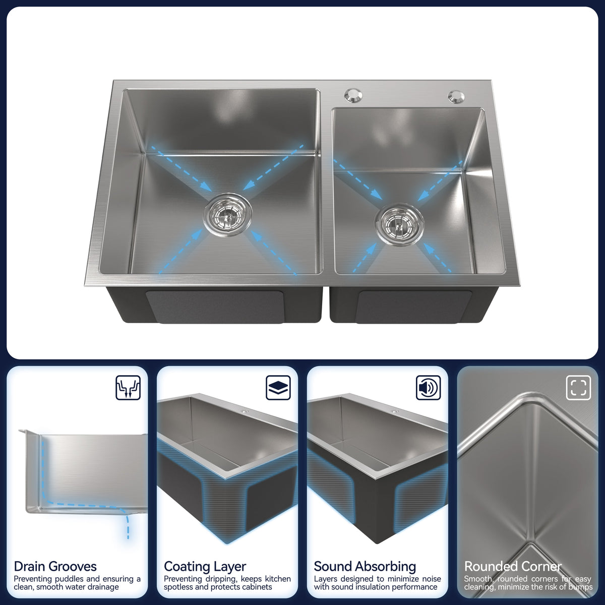 Stainless Steel Kitchen Sink with Double Bowl - Brushed Nickel