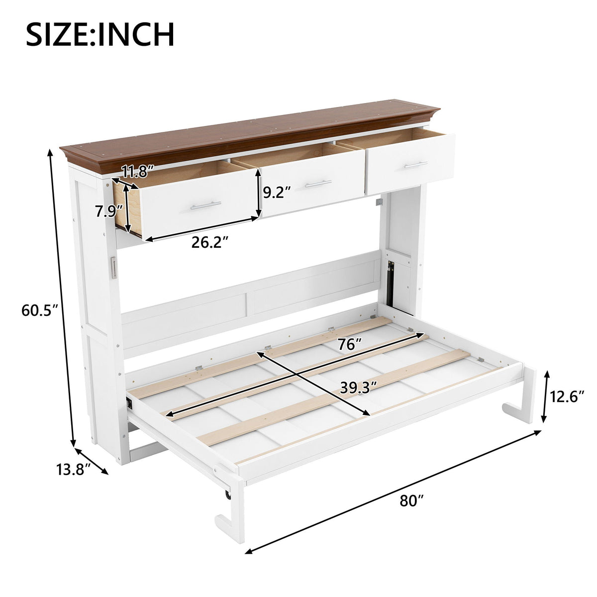 Twin Size Murphy Bed with 3 Drawers - White