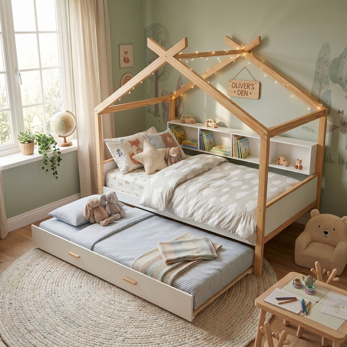 House Bed With Bookshelf Storage and Integrated Shelves - White