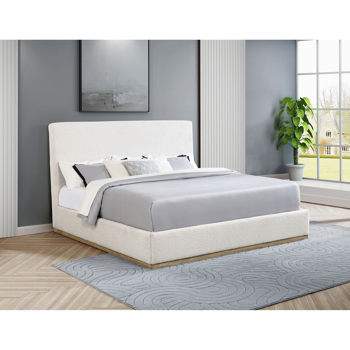 Eastern King Platform Bed with Elevated Headboard - Cream