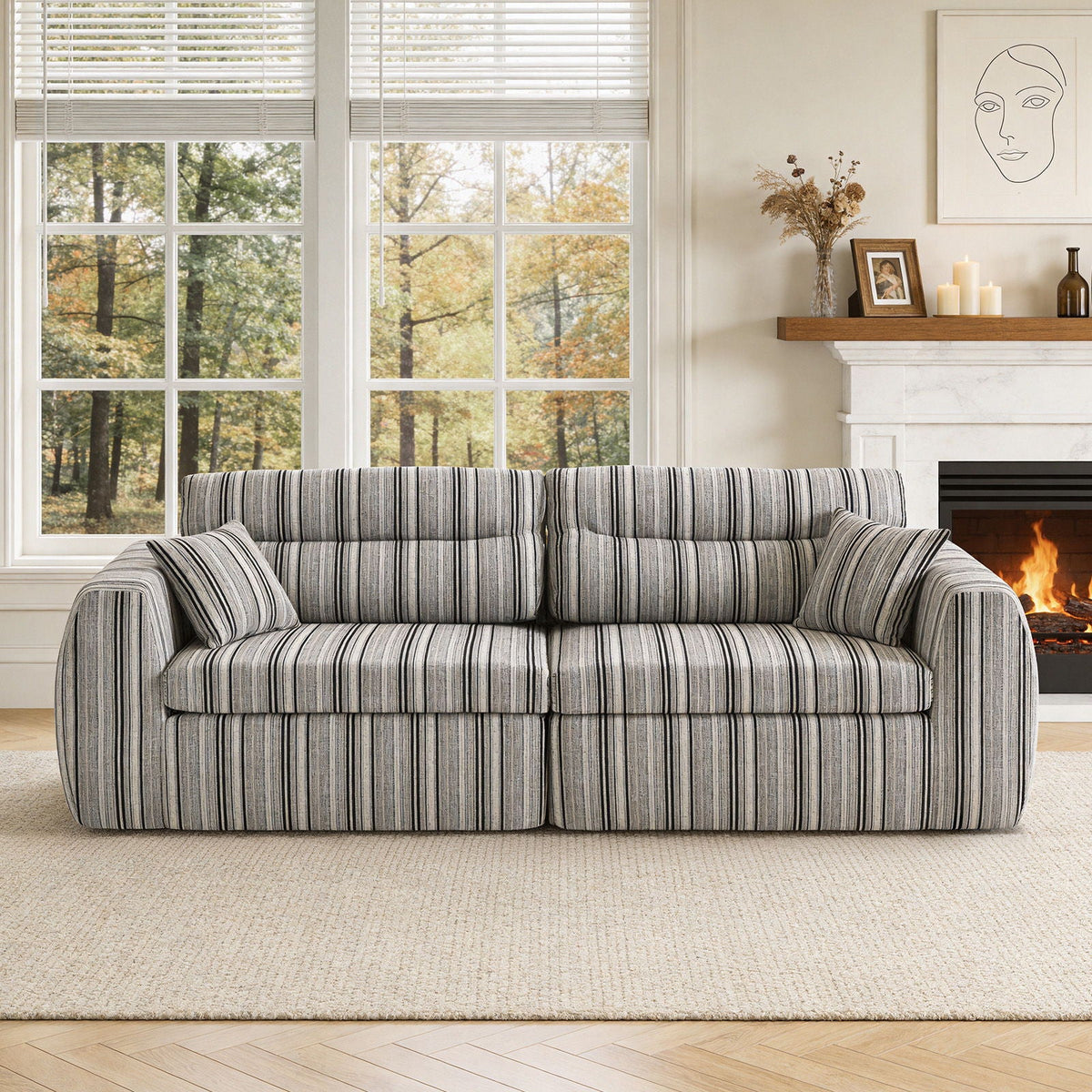 3 Seater Stationary Sofa with Throw Pillows - Multiple Colors