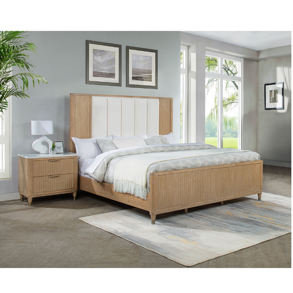 Light Brown High Headboard Panel Bed with Upholstered Feature