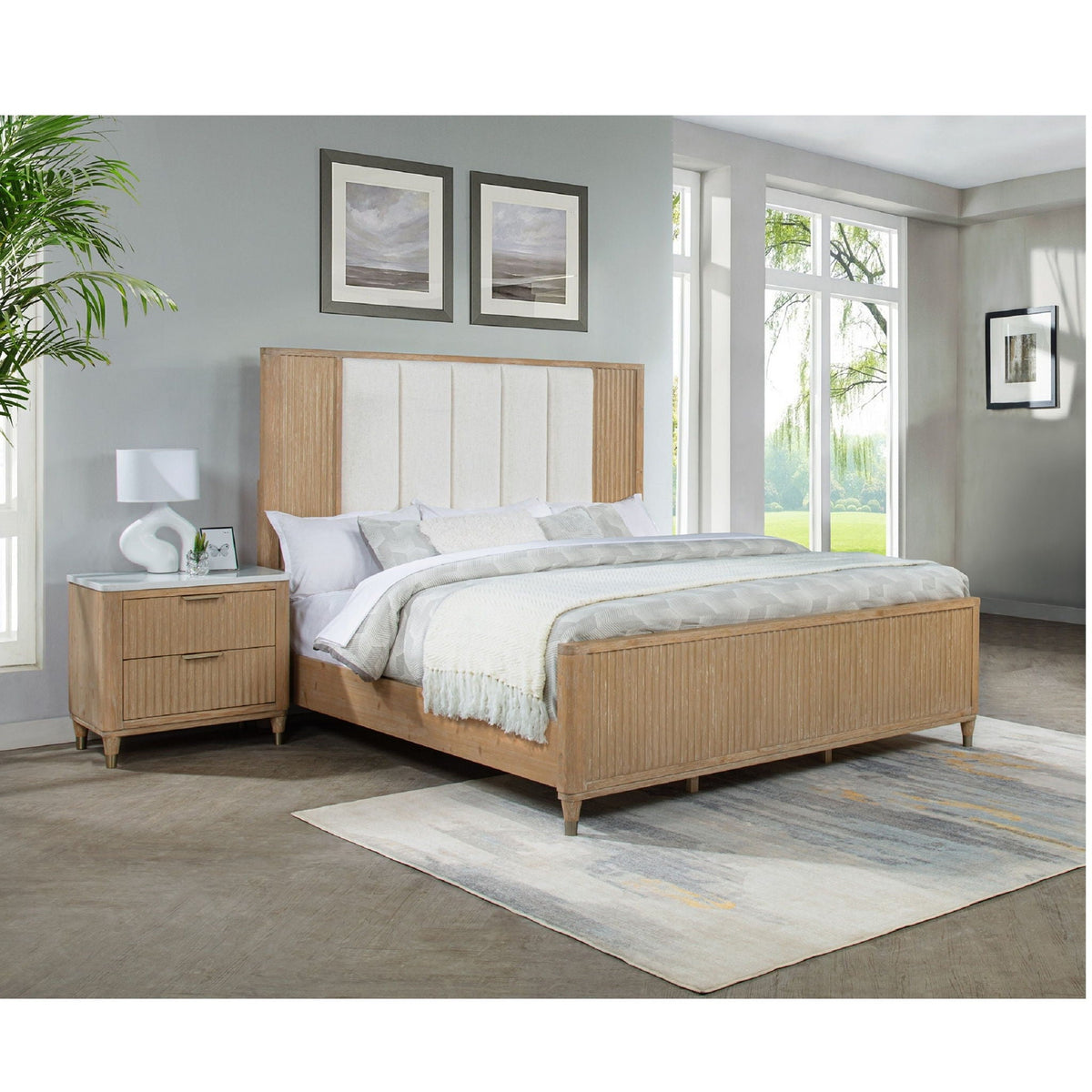 Light Brown High Headboard Panel Bed with Upholstered Feature