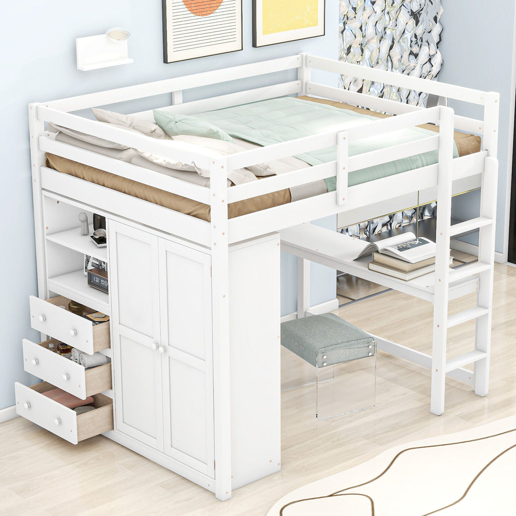 Full Size Loft Bed with Built-In Wardrobe, Shelves, and Drawers - White or Dark Gray