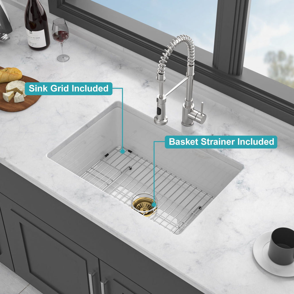 Single Bowl Ceramic Undermount Kitchen Sink with Dual Mount - White
