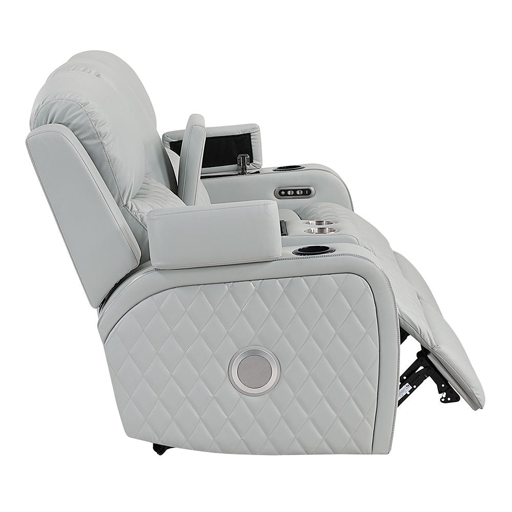 Elonzo - Power Motion Loveseat With Console, LED, Power Headrest & Speaker - Light Gray