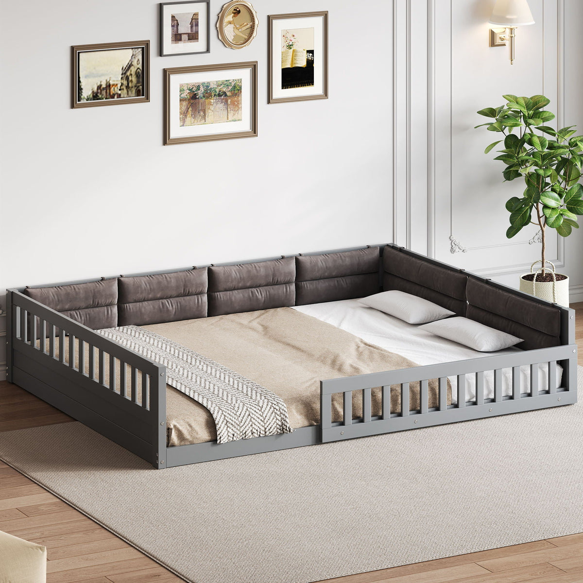 Upholstered Platform Bed with Guardrail and Pillow - Dark Gray