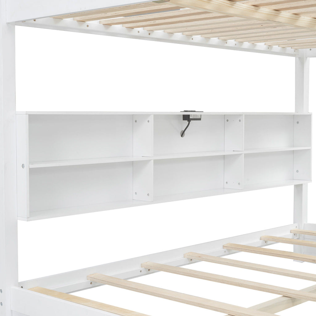 Queen Bunk Bed with Storage Cabinets and USB Ports - Dark Brown or White