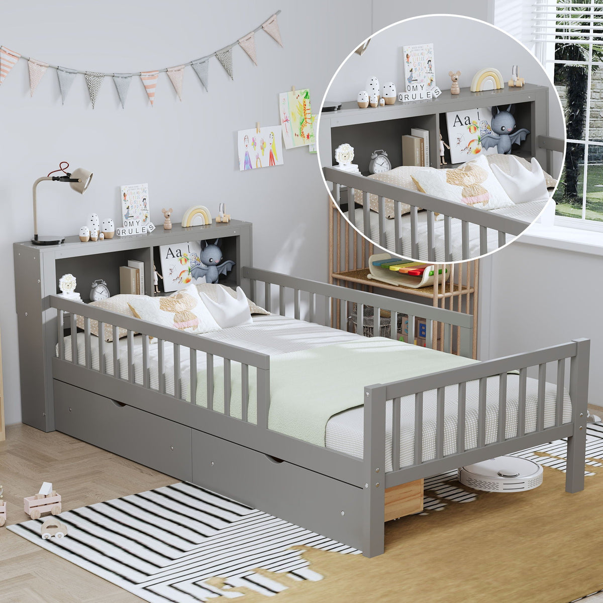 Twin Storage Bed with Headboard Rack & Under-Bed Drawers - Multiple Colors