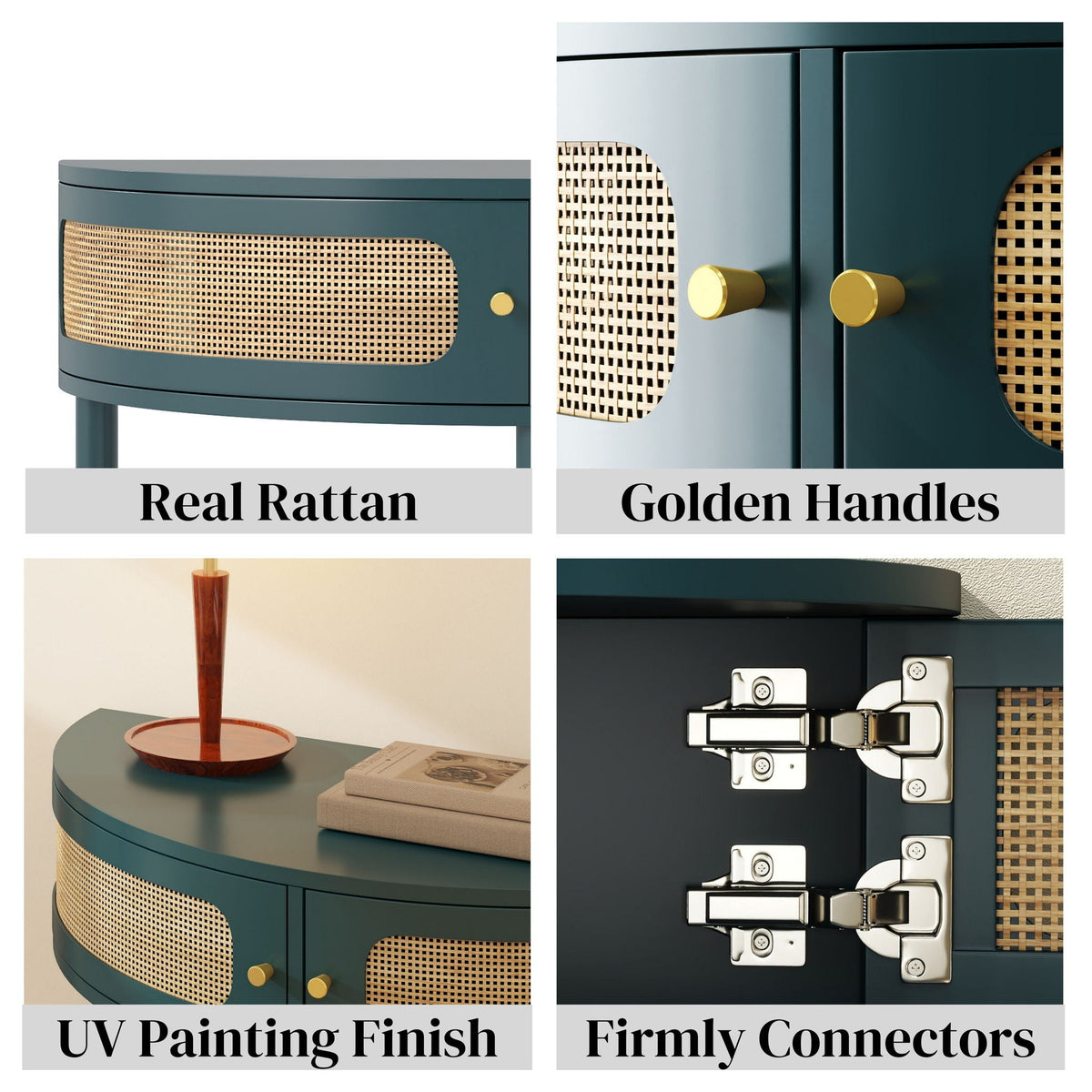 Boho Rattan Semi Circle End Table with Sliding Door and Storage - Black or Dark Green