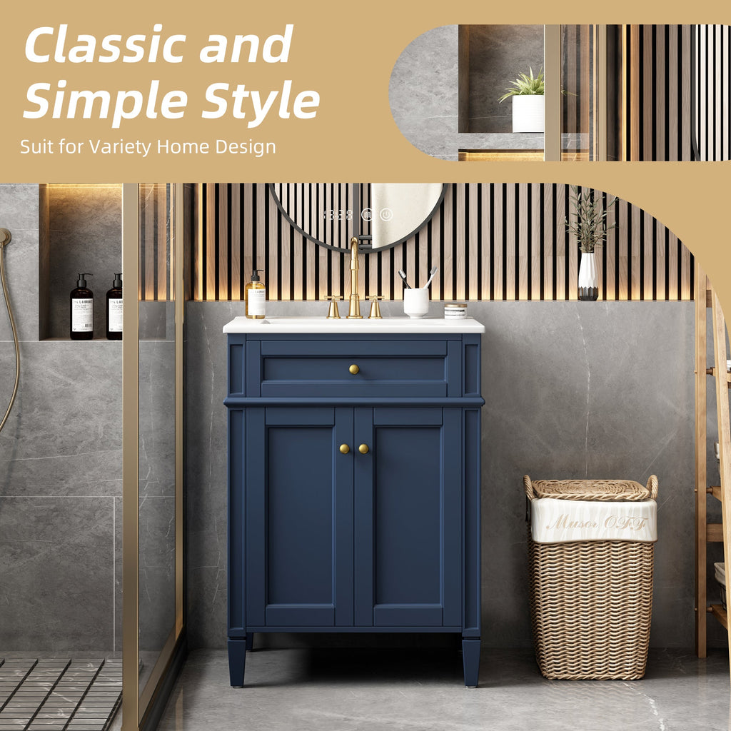 24" Bathroom Vanity with Ceramic Basin and Storage - Blue