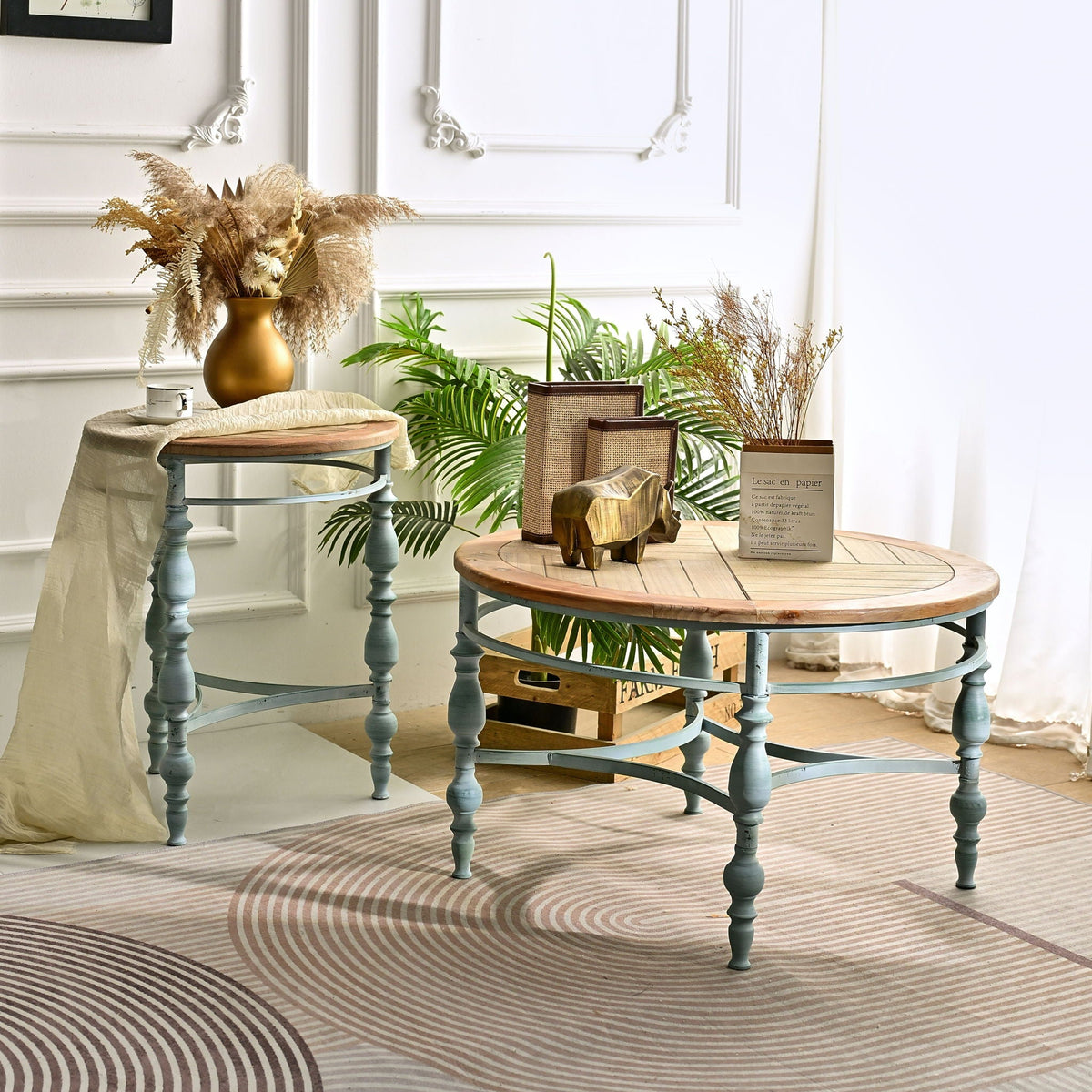 Round Top Carved Coffee Table with Metal Legs - Light Brown