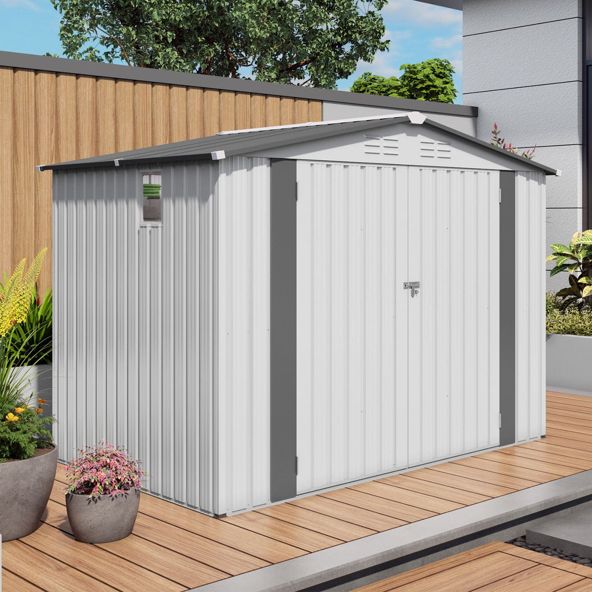 Outdoor Garden Storage Shed with Lockable Doors and Window - White / Gray