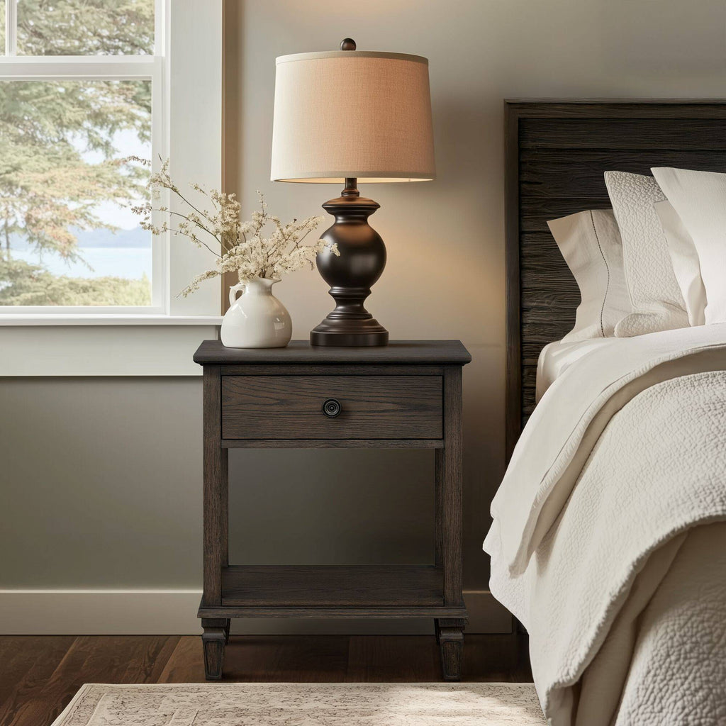 Bedside Table with Drawer and Shelf - Solid Wood Nightstand - Light Brown, Dark Brown, Beige, or Dark Gray