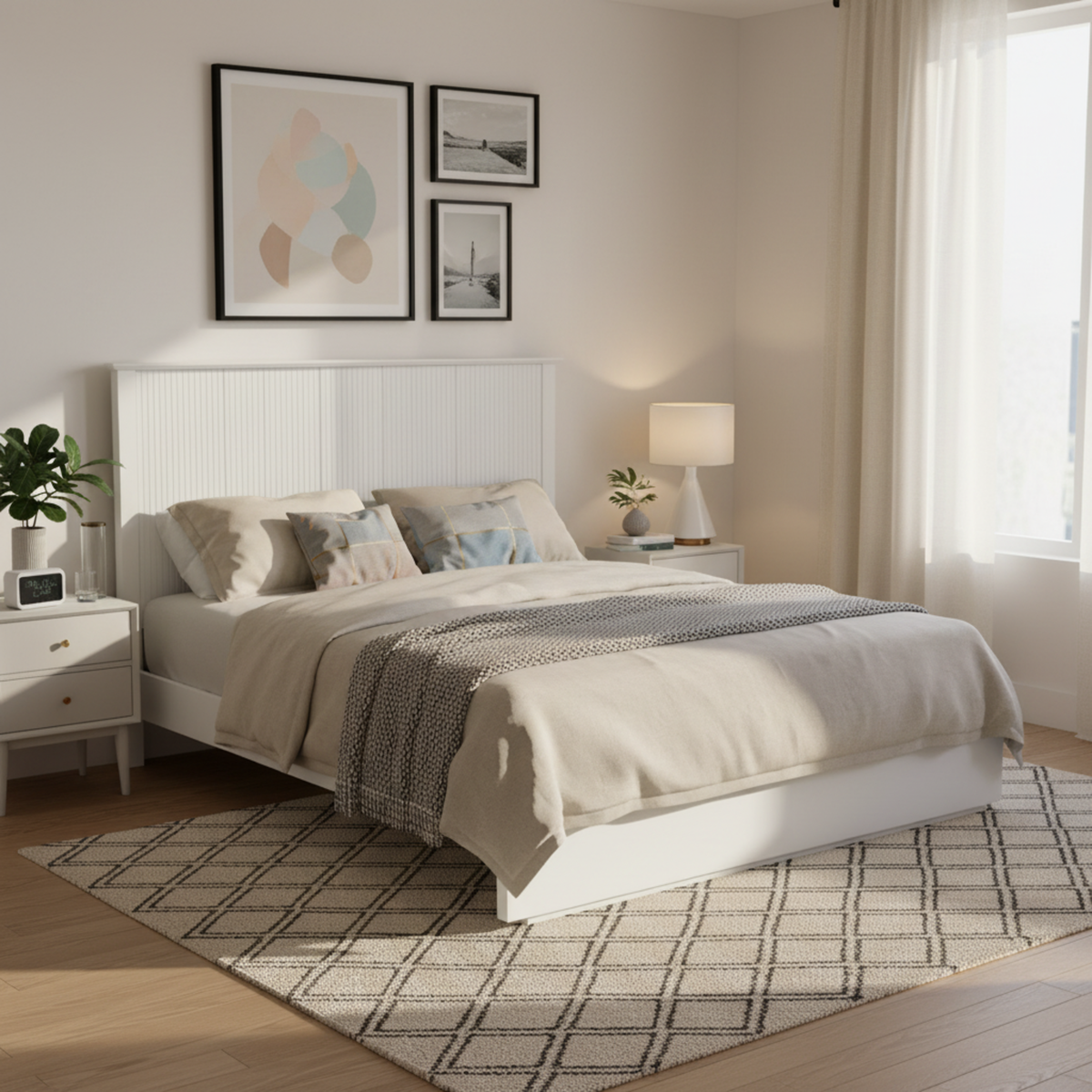 Queen Size Bed Frame with Vertical Slat Headboard - White