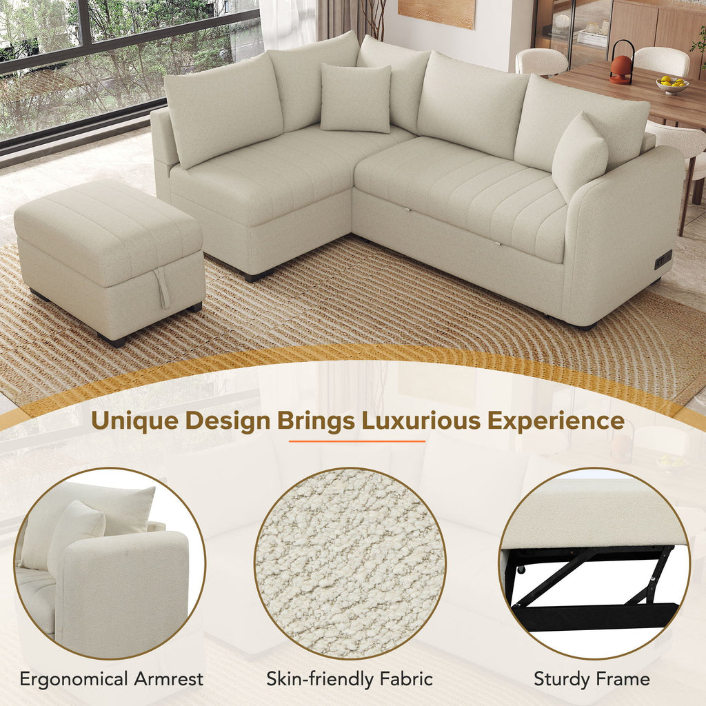 L-Shaped Sleeper Sectional with Pull-Out Bed and Storage Ottoman - Gray or Beige