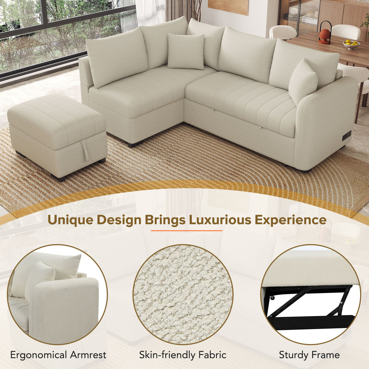 L-Shaped Sleeper Sectional with Pull-Out Bed and Storage Ottoman - Gray or Beige