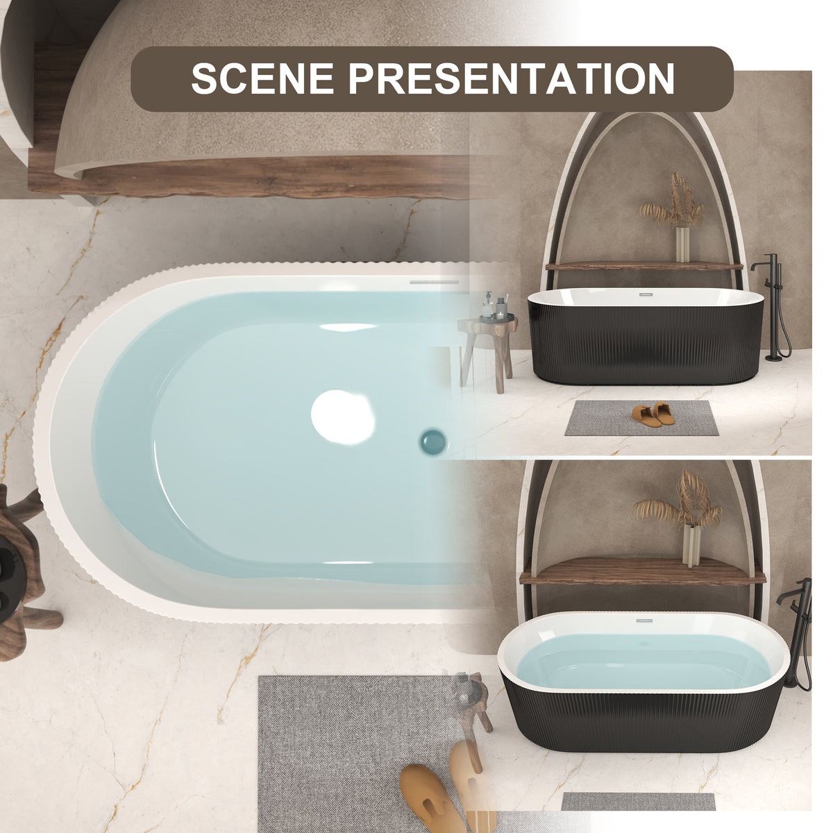 59-Inch Linear Acrylic Freestanding Soaker Bathtub with Ergonomic Design - Black