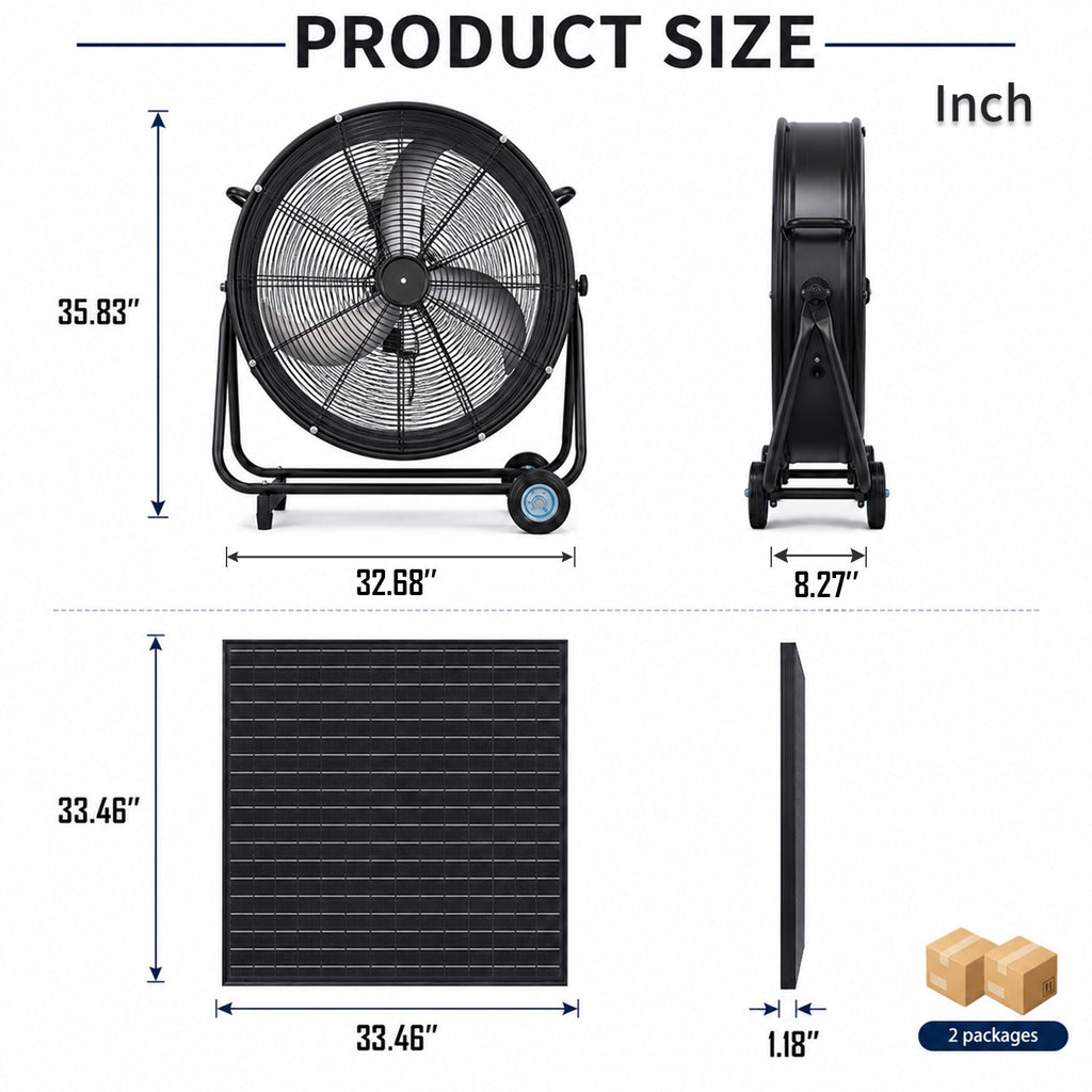 30" Wheeled Solar Fan with Adjustable Solar Panel and Remote Control - Black