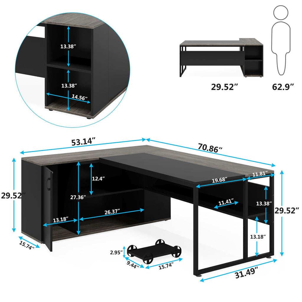 L-Shaped Executive Desk with Cabinet Storage - Dark Gray or Black