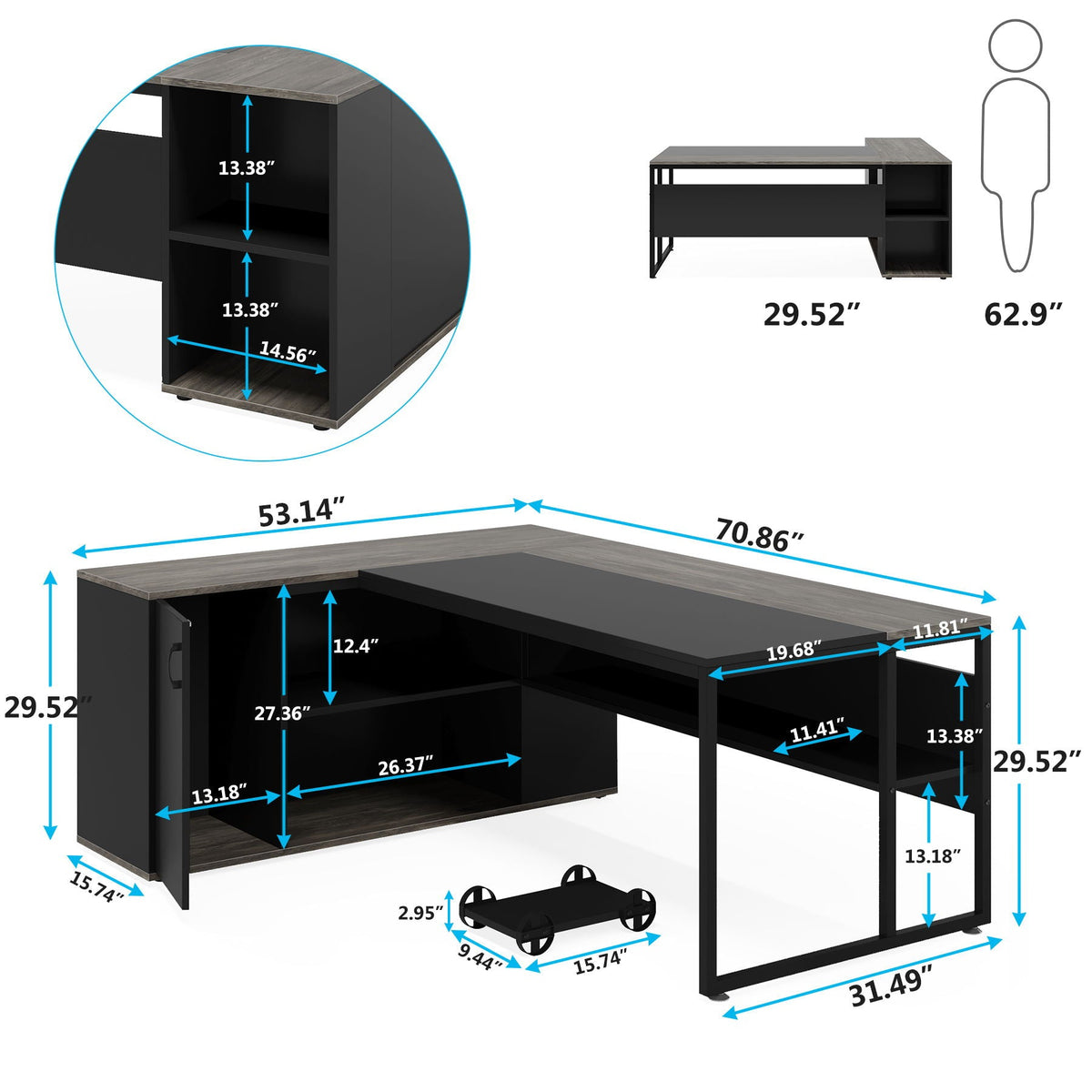 L-Shaped Executive Desk with Cabinet Storage - Dark Gray or Black