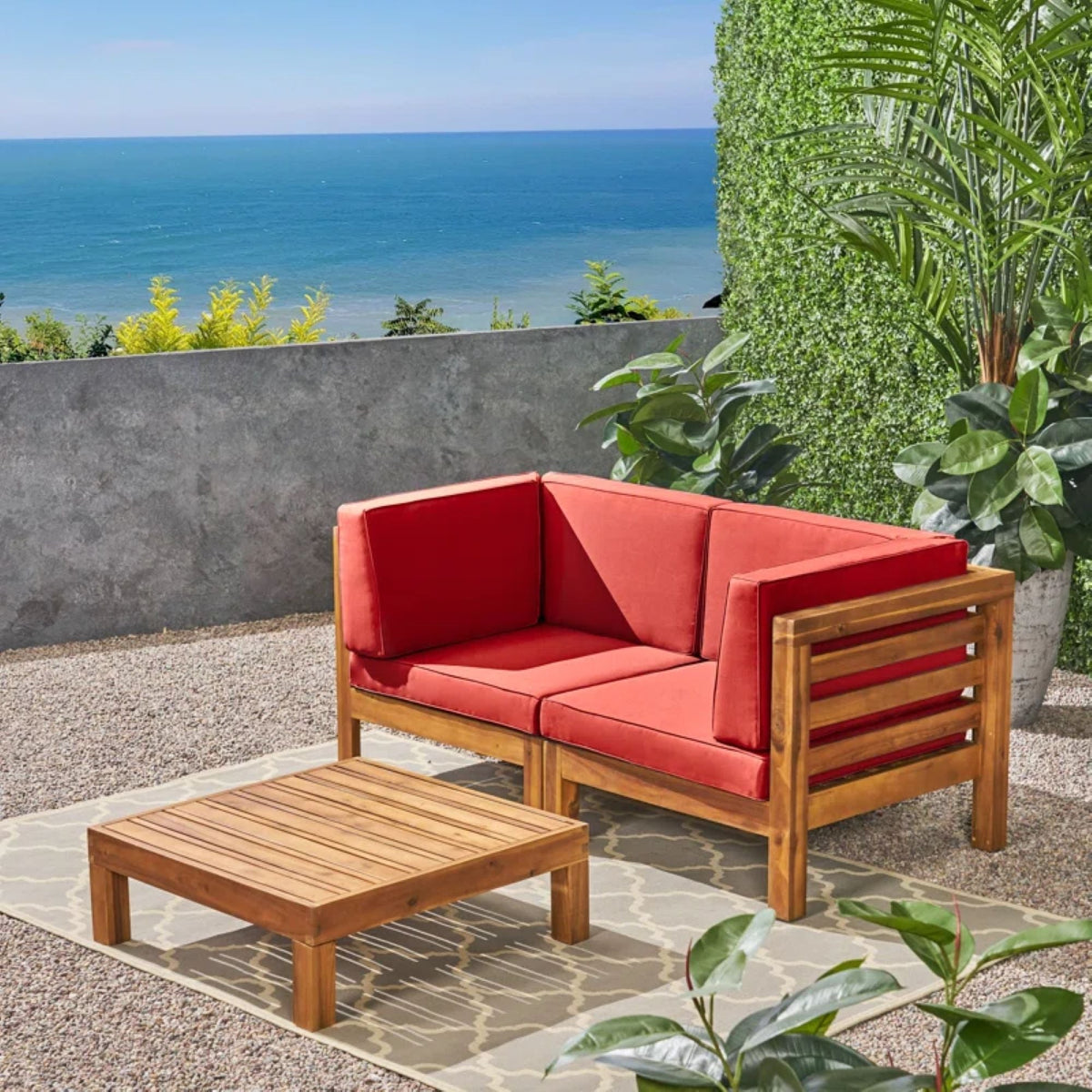 Oana 3 Piece Loveseat Set with Coffee Table - Acacia Wood Outdoor Seating