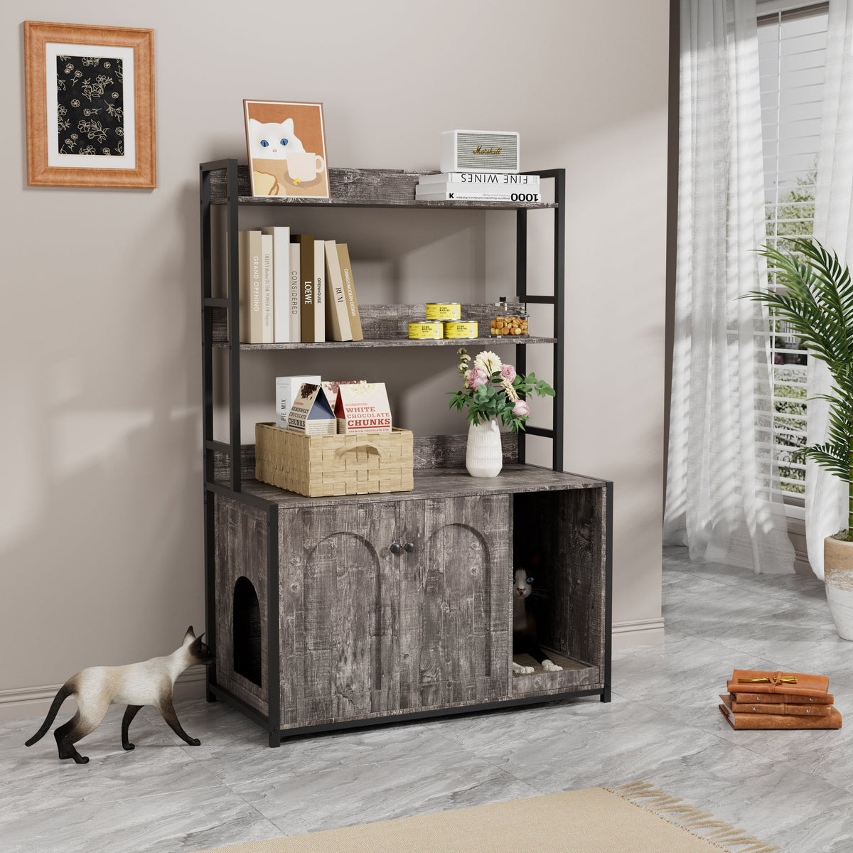 Large Cat Litter Box Enclosure with Shelf Storage - Grey