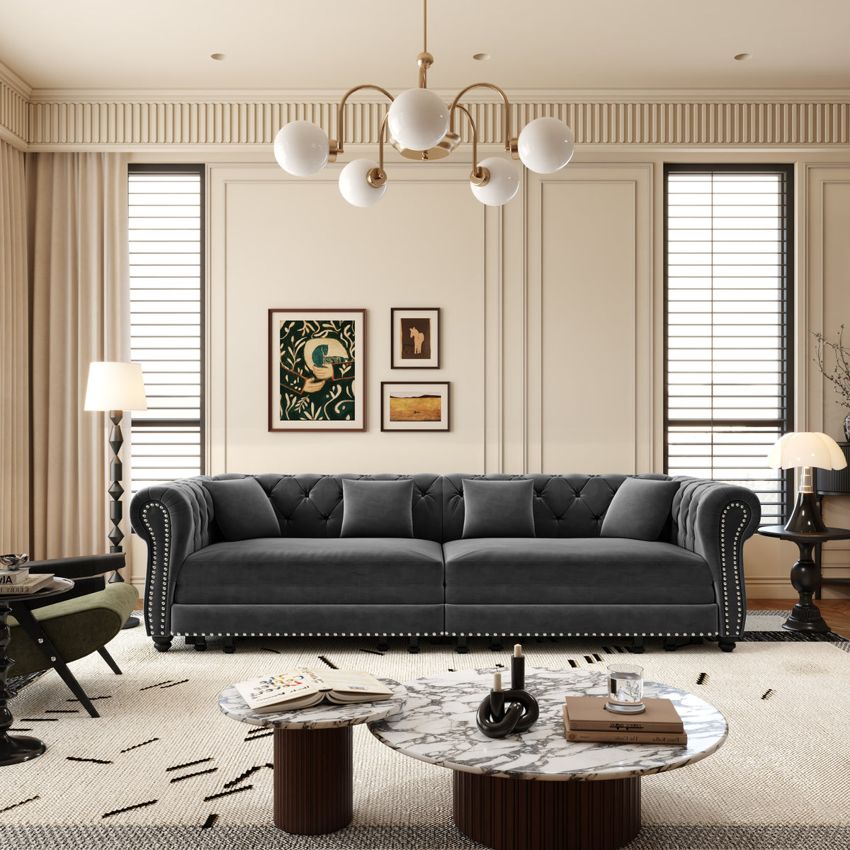 Chesterfield 3-in-1 Convertible Velvet Sofa Bed with Pull-Out Sleeper - Grey