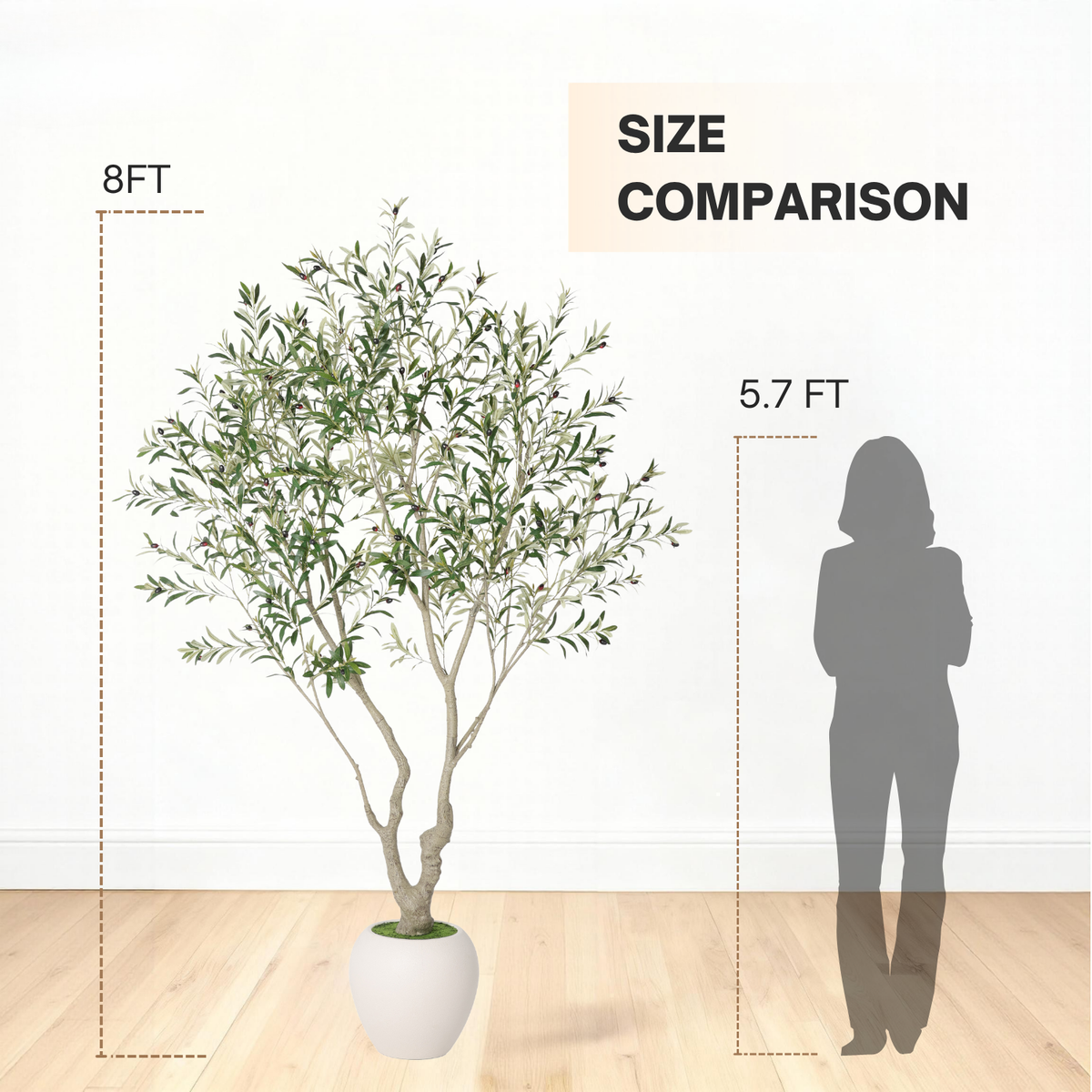 8FT Artificial Olive Tree with Decorative White Planter - Green Leaves