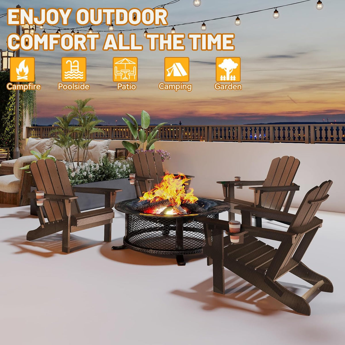 Brown Folding Adirondack Chair with Cup Holder - HDPE Outdoor Seating