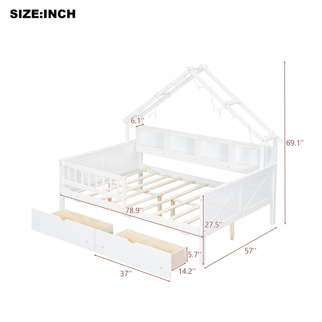 House Style Platform Bed With LED Lights, Storage Shelves, Drawers, And Guardrail