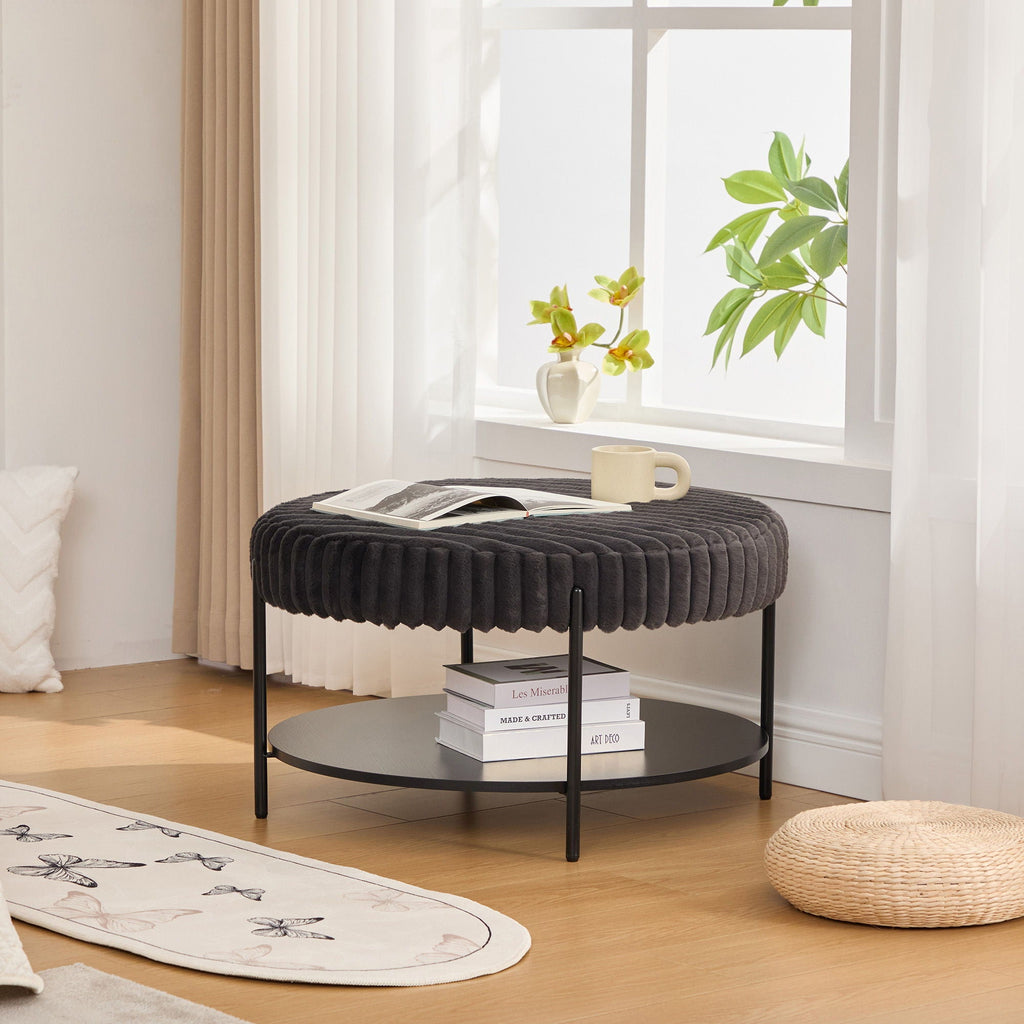 Modern Upholstered Round Ottoman Coffee Table with Storage Shelf - Fabric