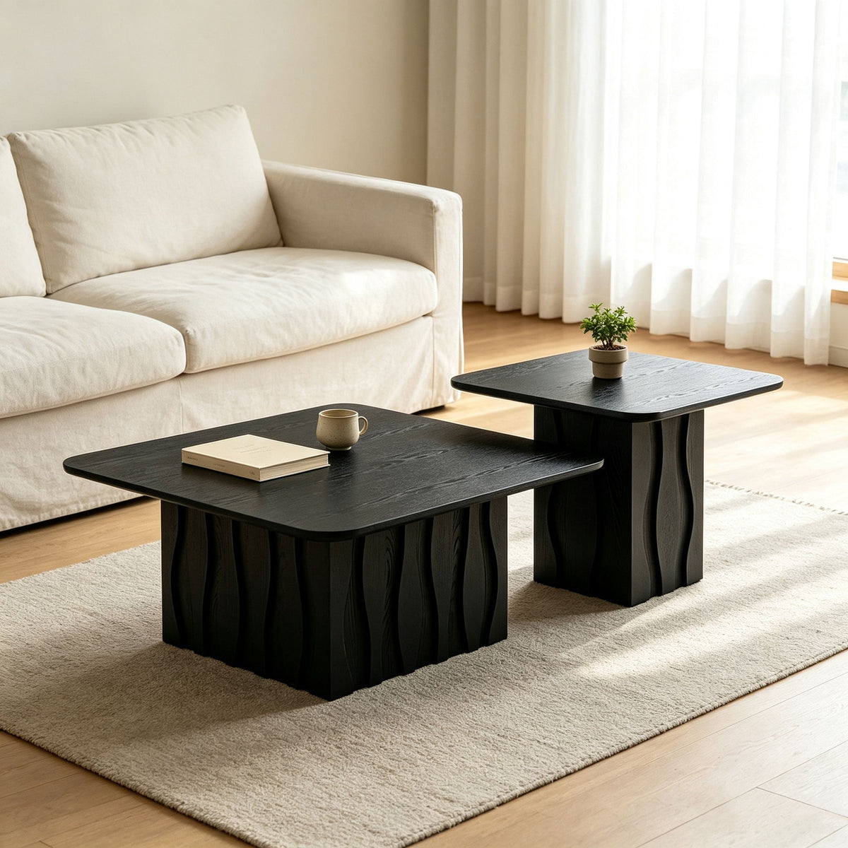 Nesting Square Coffee Table Set with Wavy Fluted Base - Wood Veneer