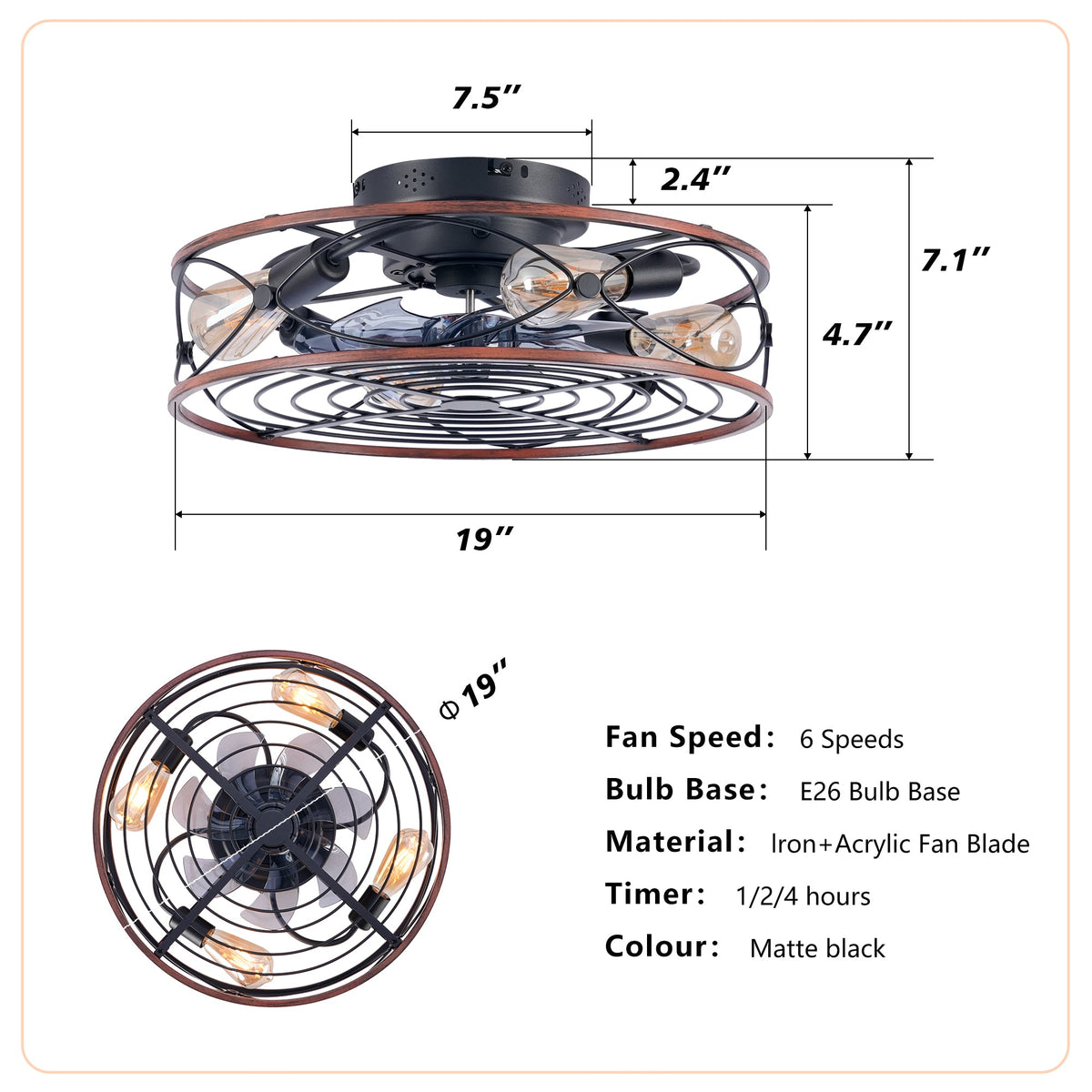 20'' Caged Ceiling Fan with Lights and Remote Control - Matte Black