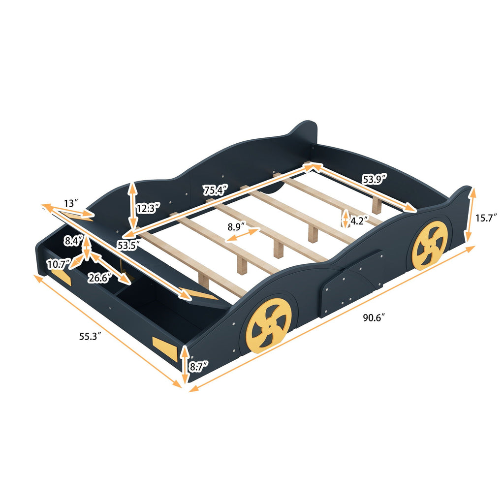 Race Car Platform Bed with Storage and Wheels - Black or Blue