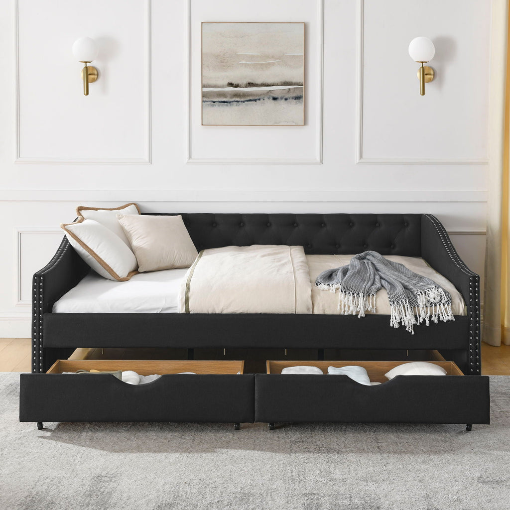 Upholstered Tufted Daybed with 2 Drawers and Waved Arms - Multiple Colors