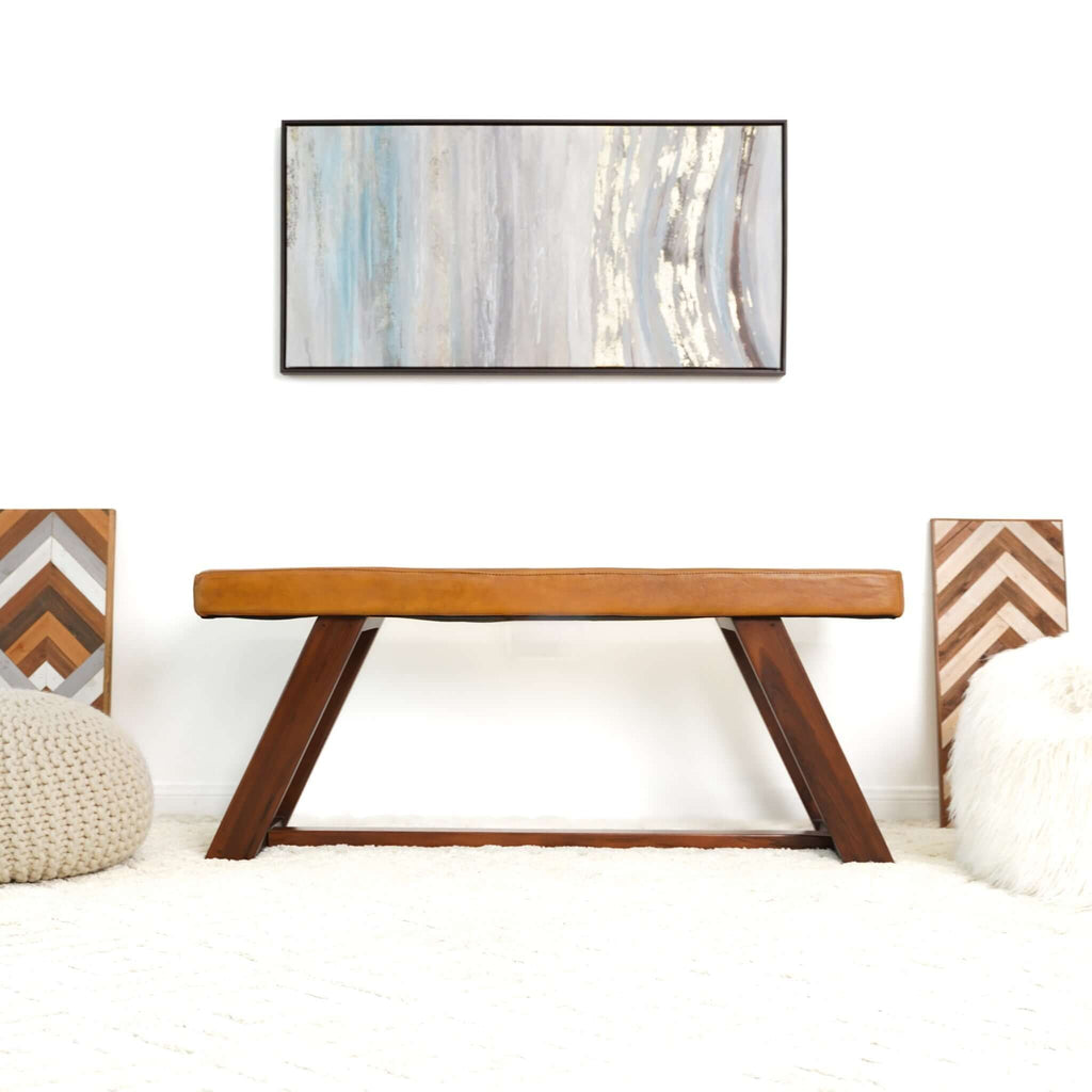 Light Brown Upholstered Bench with Hand Stitching - Genuine Material