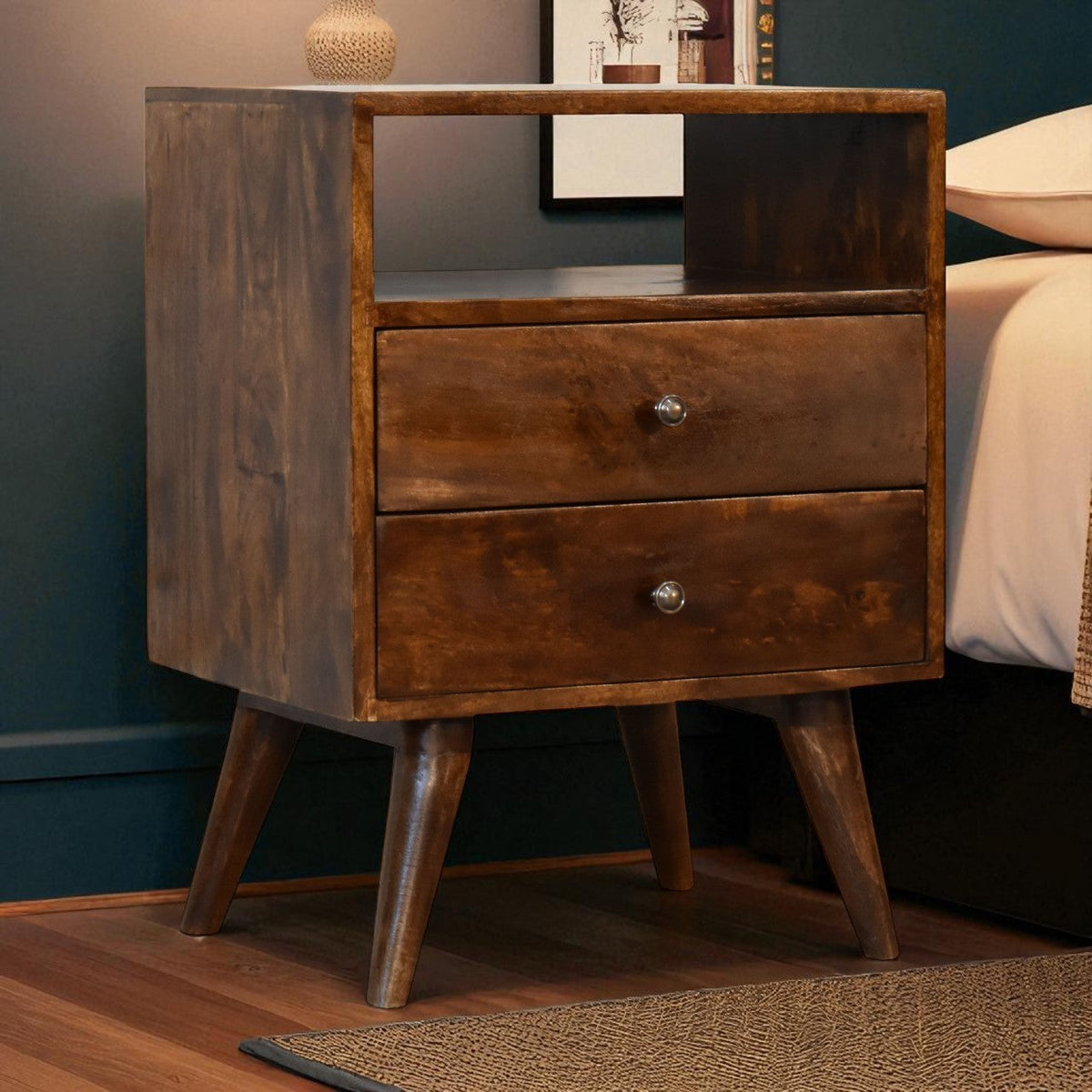 Classic Chestnut Nightstand with 2 Drawers and Nordic Legs