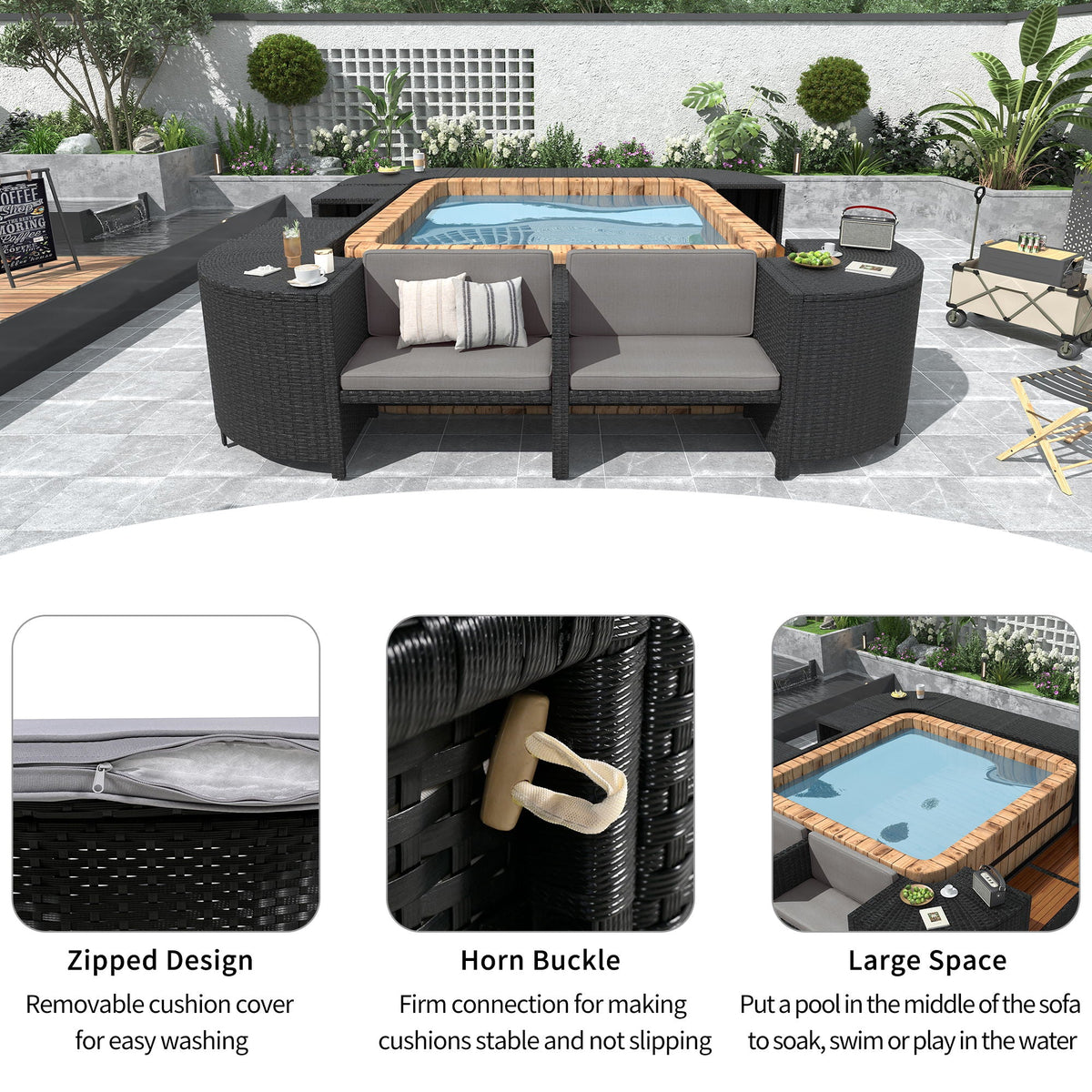 Spa Surround Outdoor Rattan Sectional Sofa Set with Storage - Dark Gray or Beige