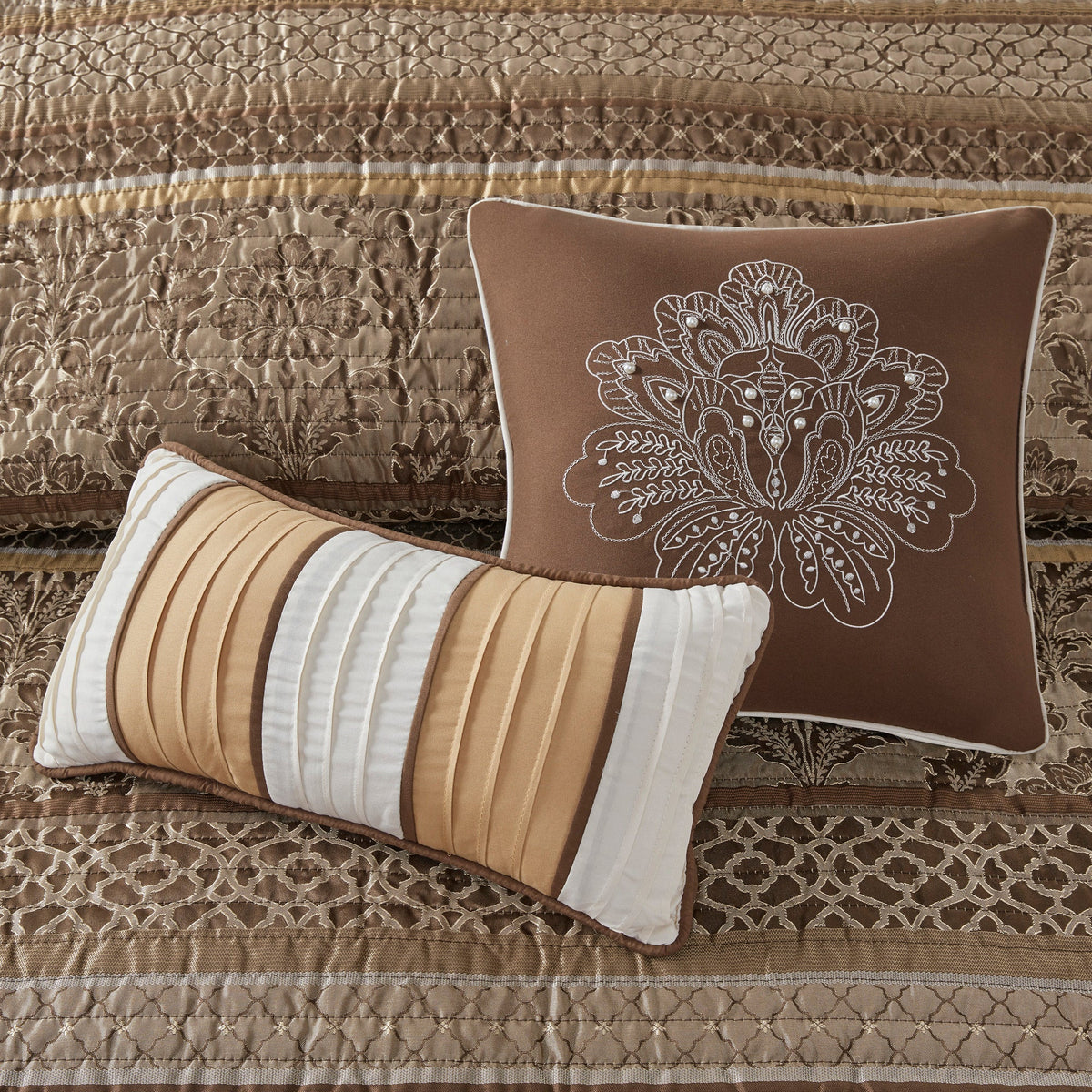 6 Piece Jacquard Quilt Set with Throw Pillows – Brown/Gold King/Cal King