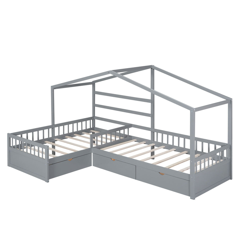 L Shape Twin Platform Bed with 3 Storage Drawers - Dark Gray or White