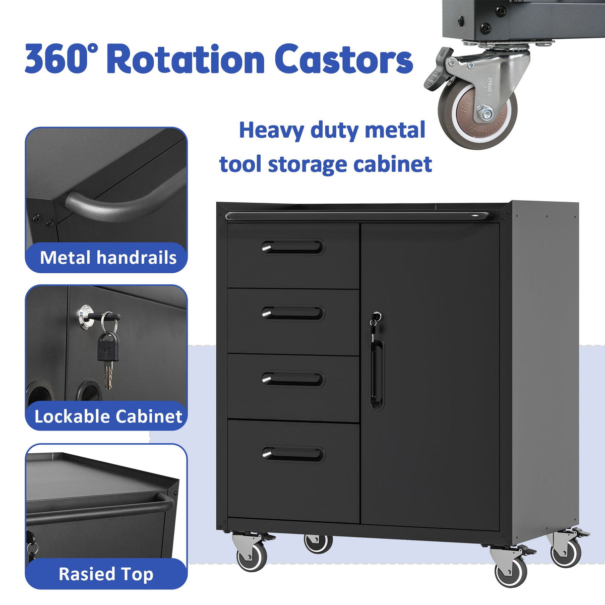 Sturdy Metal Tool Storage Cabinet with Lockable Wheels and Drawers - Gray or Black