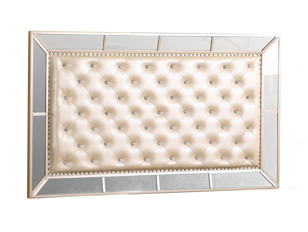 Contemporary Panel Bed with Mirrored Accents - Beige or Pearl Silver