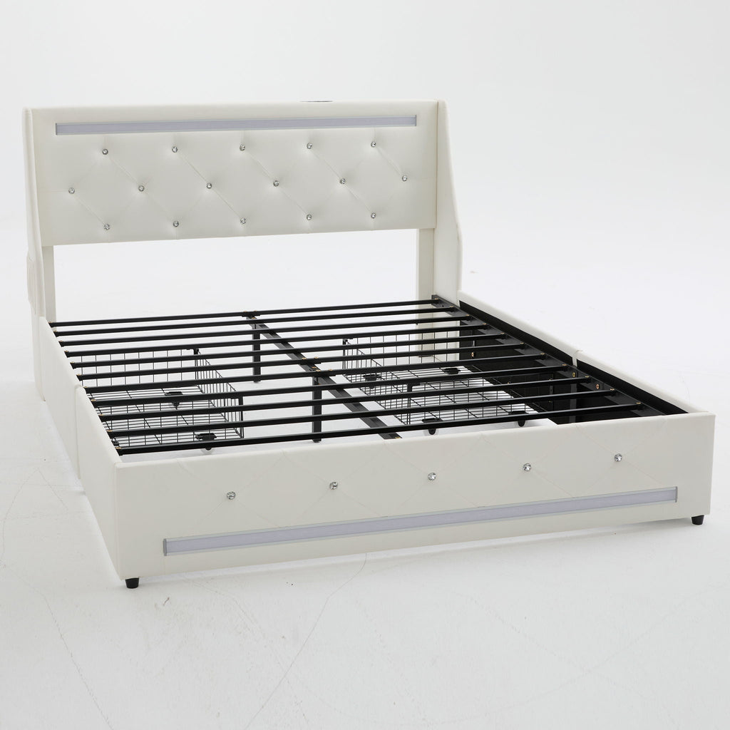 Wingback Upholstered Bed Frame with LED Lights and Charging Station - Black or White