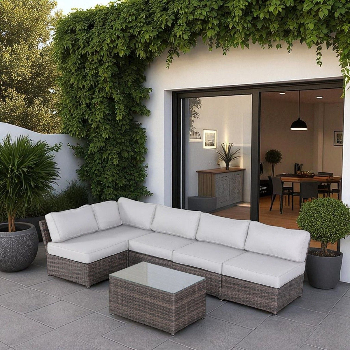 Modern Patio Rattan Sectional Set with Cushions - Multiple Colors