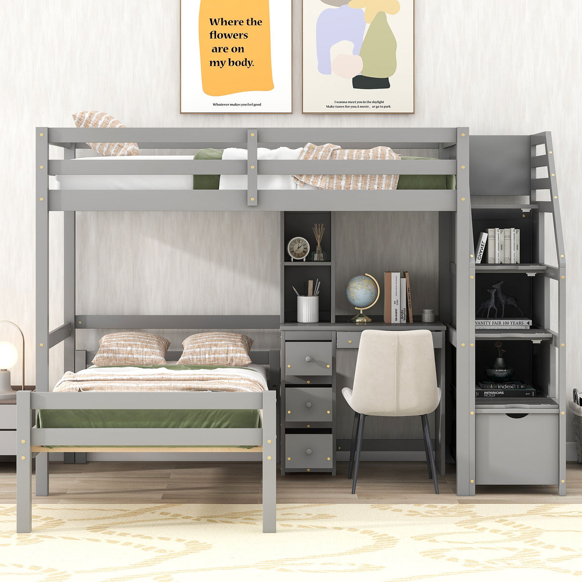 Storage Loft Bed with Stand Alone Bed and Desk - Twin Size