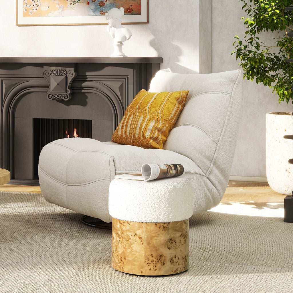 Round Upholstered Ottoman with Boucle Texture - White