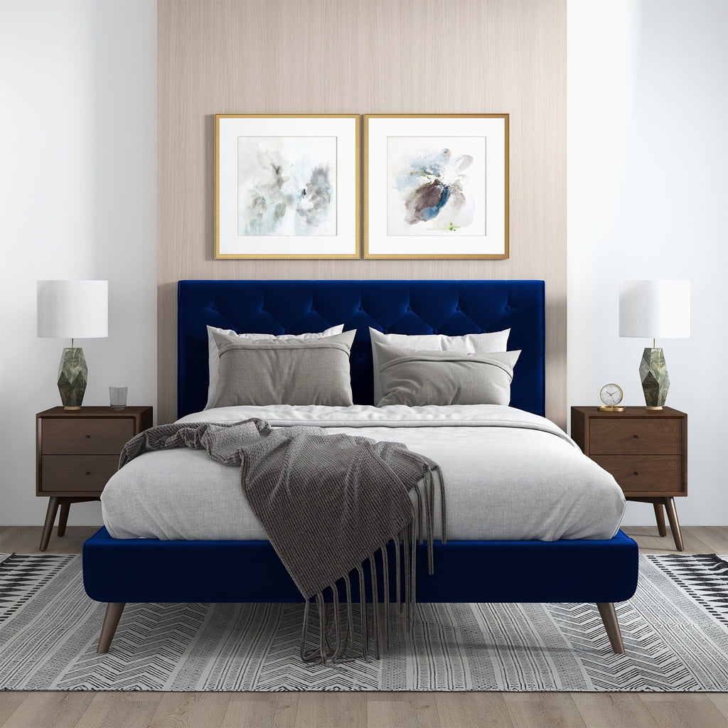 Mid-Century Platform Bed with Tufted Headboard - Blue