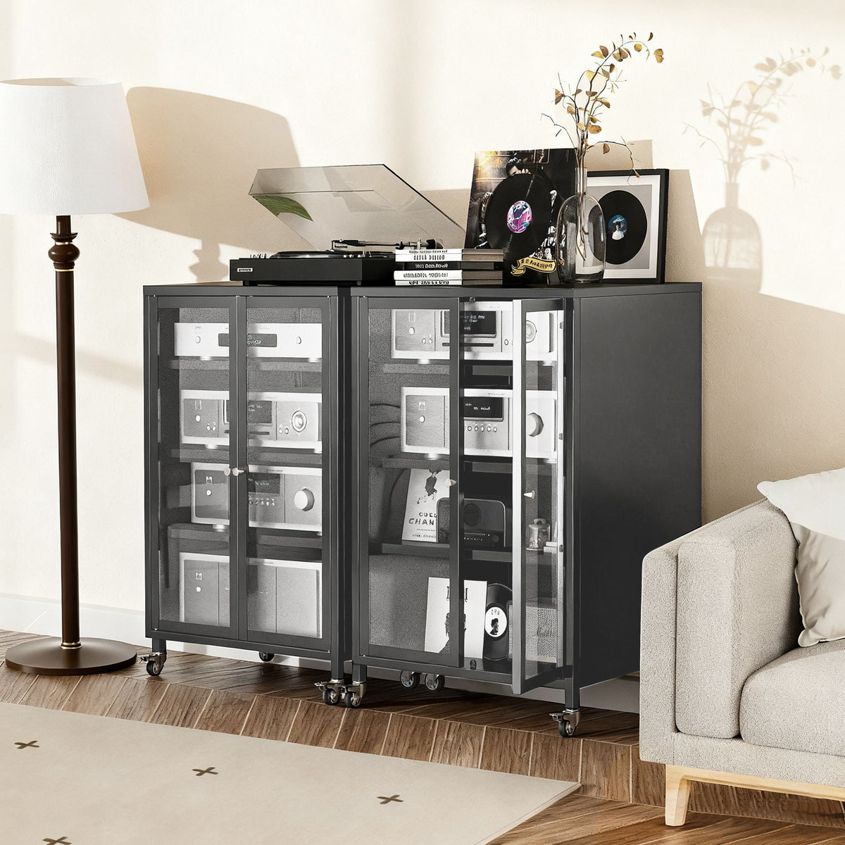 Media Storage Cabinet with Wheels and Adjustable Glass Shelves - Black